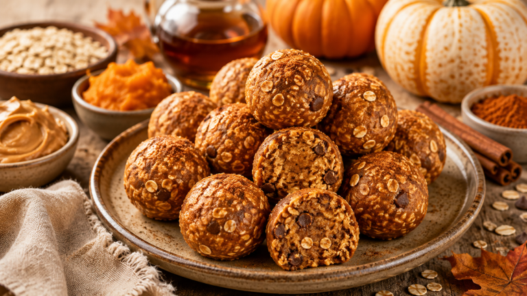 Pumpkin spice energy balls made with oats, pumpkin puree, nut butter, maple syrup, and warm fall spices.