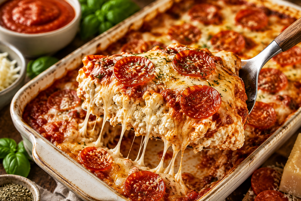 Creamy cottage cheese pizza casserole with melted mozzarella, pepperoni, and pizza sauce, served hot from the oven.
