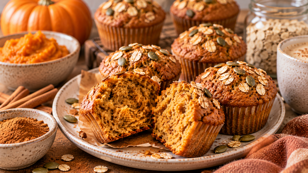 Soft and moist pumpkin protein muffins with warm pumpkin spice flavor and a fluffy interior.