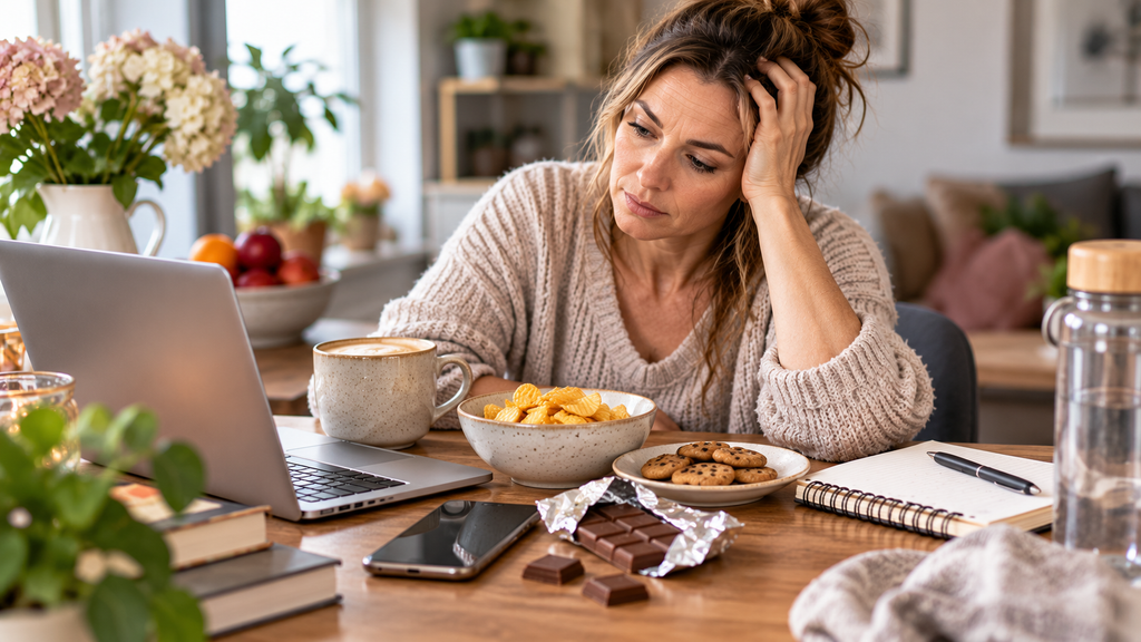 Common emotional eating triggers including stress, boredom and daily distractions shown on a kitchen table.
