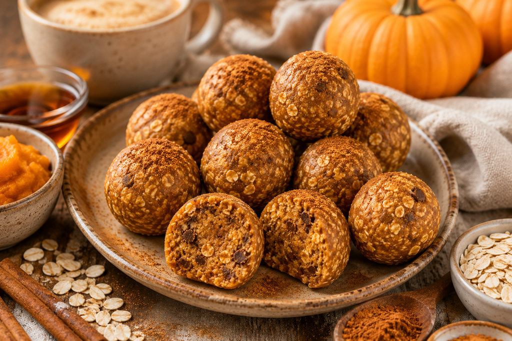 Soft and chewy pumpkin spice energy balls made with oats, pumpkin puree, nut butter, and warm autumn spices.
