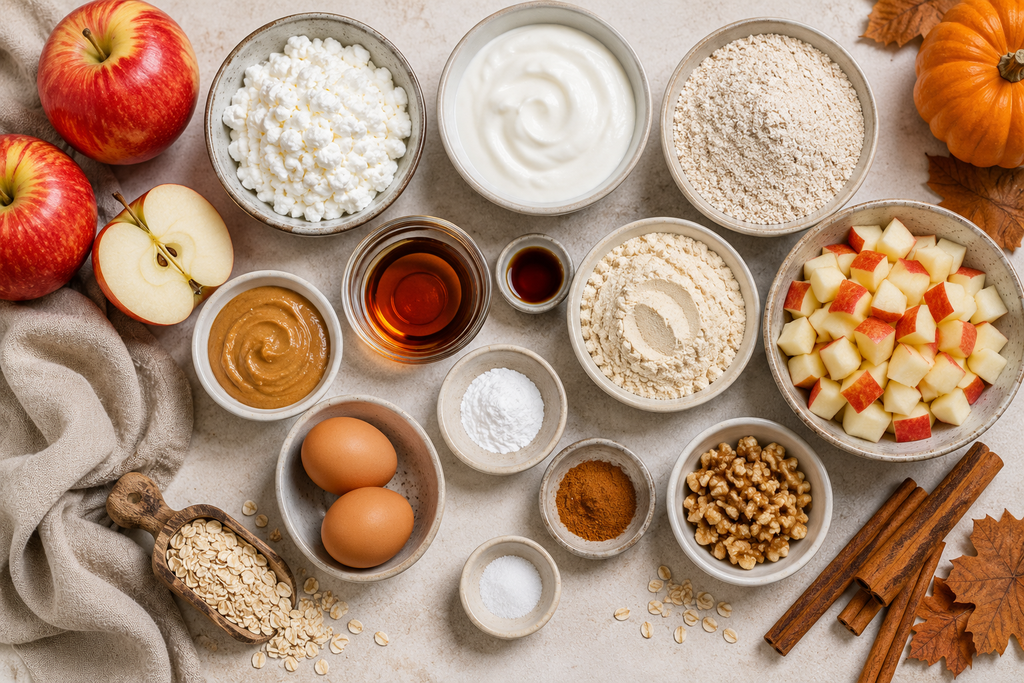 Ingredients for high protein apple blondies including cottage cheese, Greek yogurt, oat flour, protein powder, apples, cinnamon, and maple syrup.