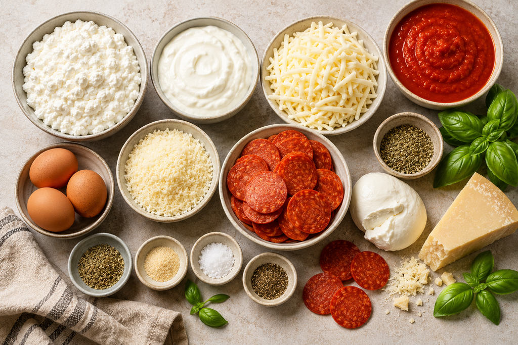 Ingredients for a baked pizza cottage cheese casserole including cottage cheese, Greek yogurt, eggs, mozzarella, Parmesan, pizza sauce, and pepperoni.