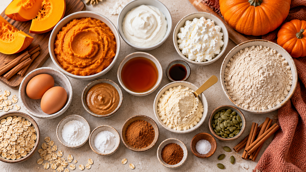 Ingredients for pumpkin protein muffins including pumpkin puree, Greek yogurt, cottage cheese, oat flour, protein powder, eggs, maple syrup and pumpkin spice.