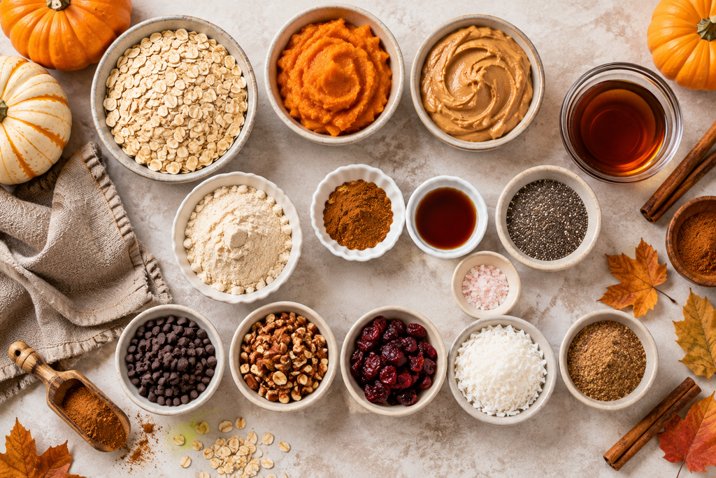 Ingredients for pumpkin spice energy balls including oats, pumpkin puree, nut butter, maple syrup, protein powder, chia seeds, and pumpkin spice.
